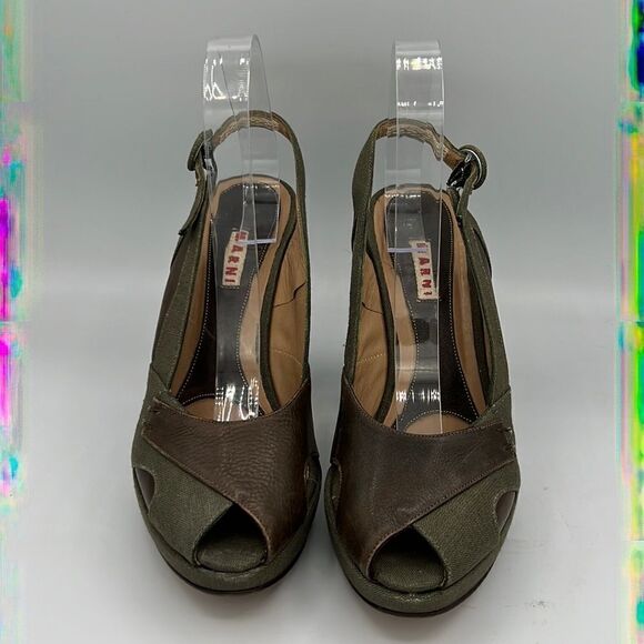 Marni Green Canvas & Brown Leather Peep Toe Slingback Platform Heels EU 40 US 10 - Picture 2 of 12